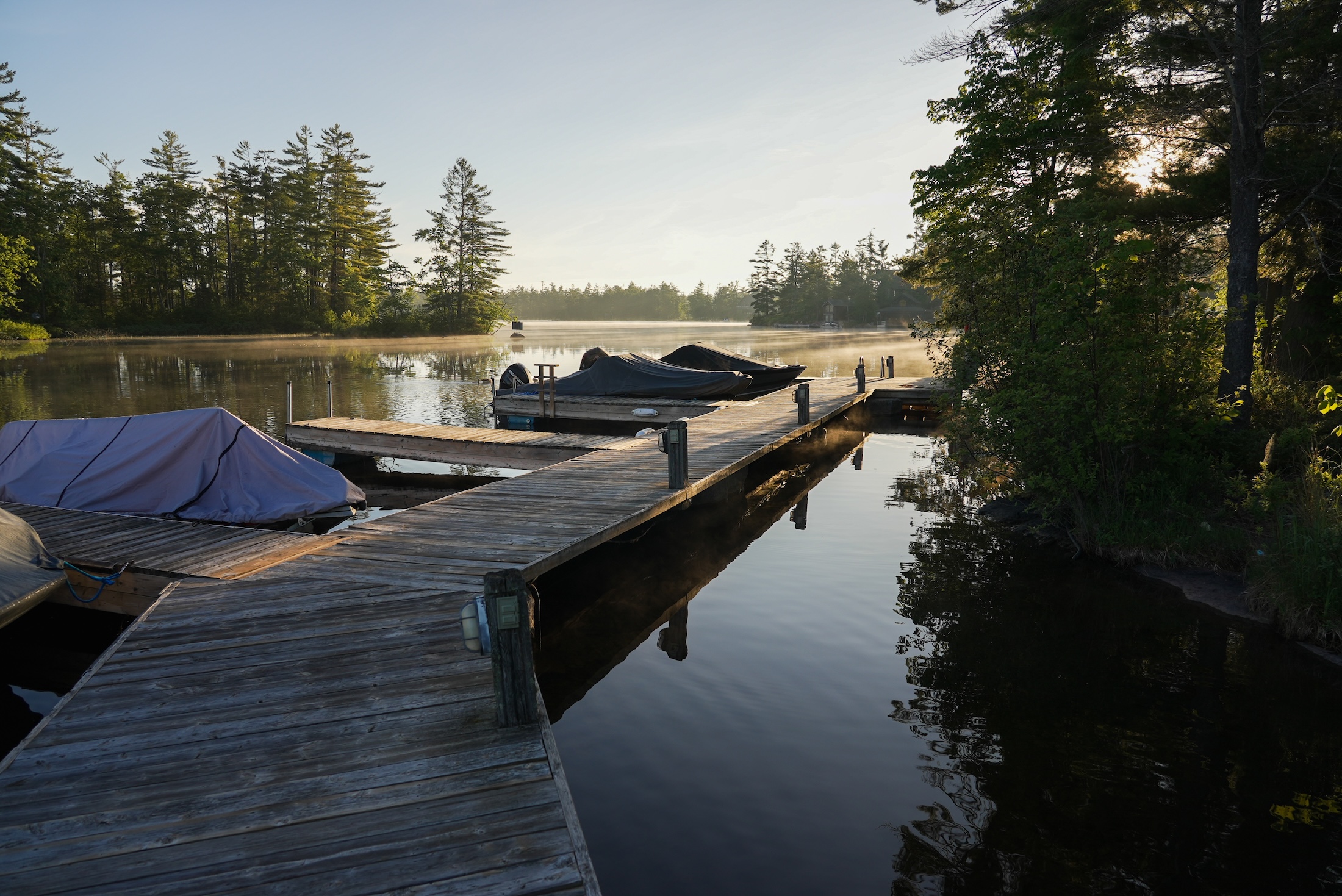 A dock in a quiet lake, mist rising from the water