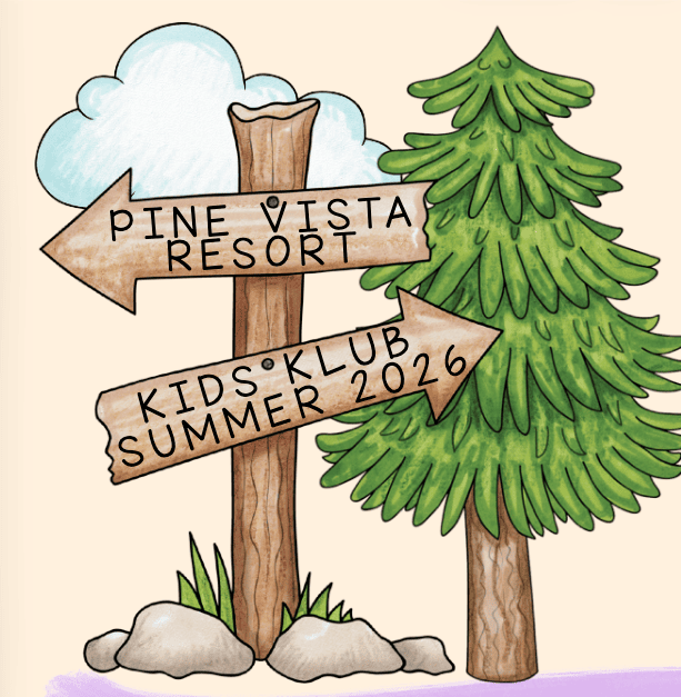 Cartoon image signpost with "Kids' Klub Summer 2026" on it